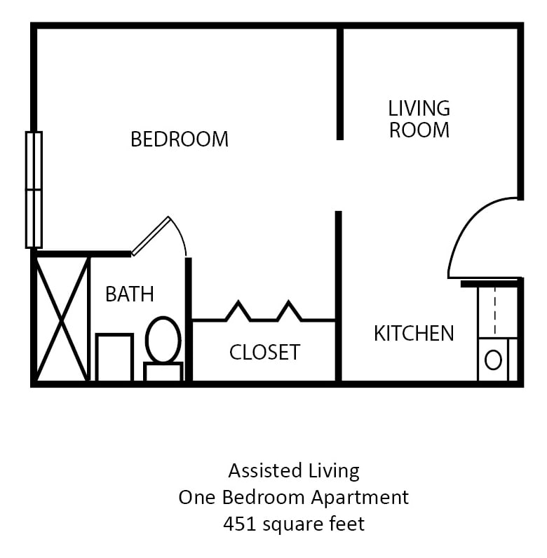 Floor plan of a 451 square feet assisted living one-bedroom apartment.