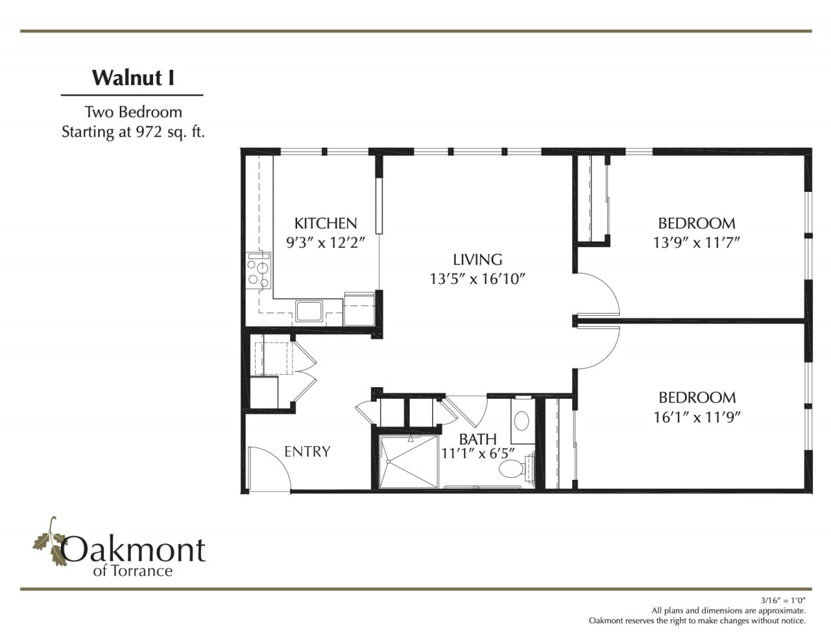 Three-bedroom apartment floor plan with a living room, dining area, kitchen, and one bathroom.