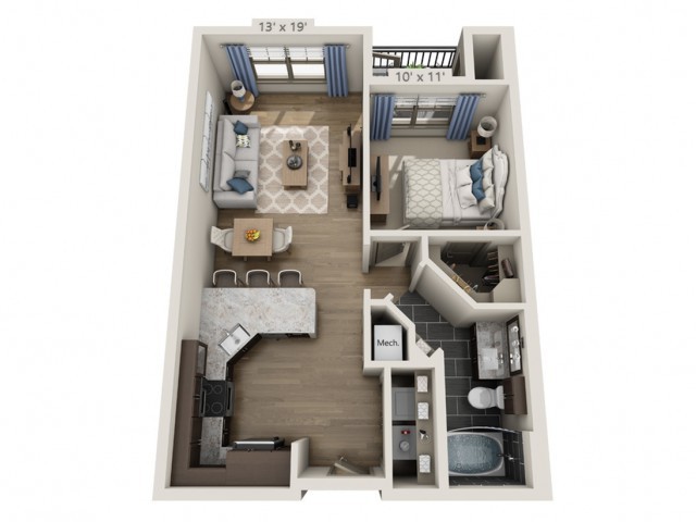 A modern one-bedroom apartment floor plan featuring a living room, kitchen, and bathroom.