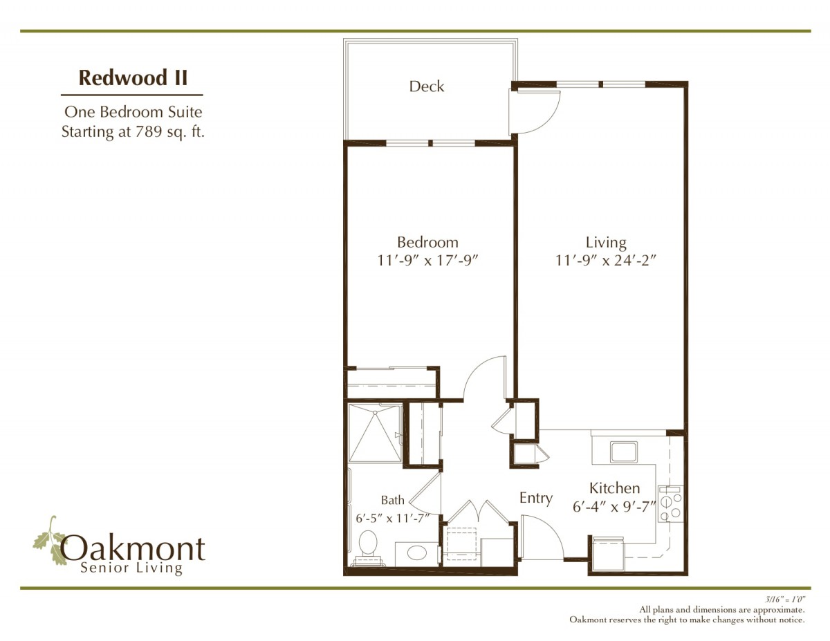 A floor plan of a one-bedroom suite, featuring a living area, bedroom, kitchen, bathroom, and deck.