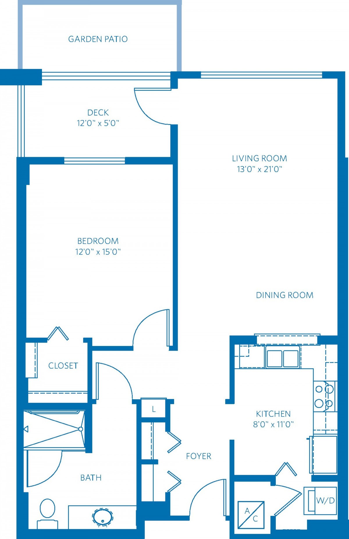 One-bedroom apartment floor plan with deck, living room, dining room, and kitchen.