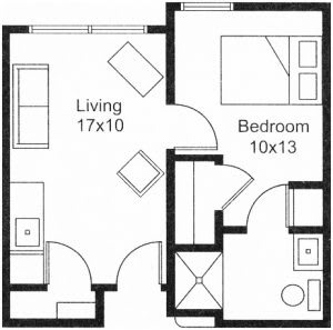A floor plan of a one-bedroom apartment featuring a living room, bedroom, and bathroom.