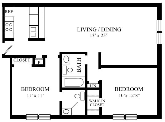A floor plan of a two-bedroom apartment featuring a living/dining area, kitchen, one bathroom, and a walk-in closet.