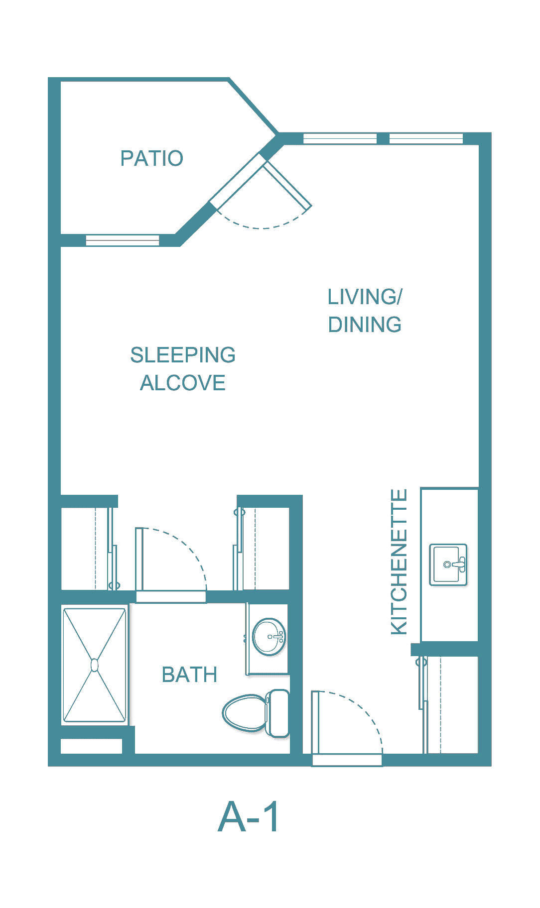 Studio apartment floor plan featuring a sleeping alcove, living/dining area, bathroom, and kitchenette.