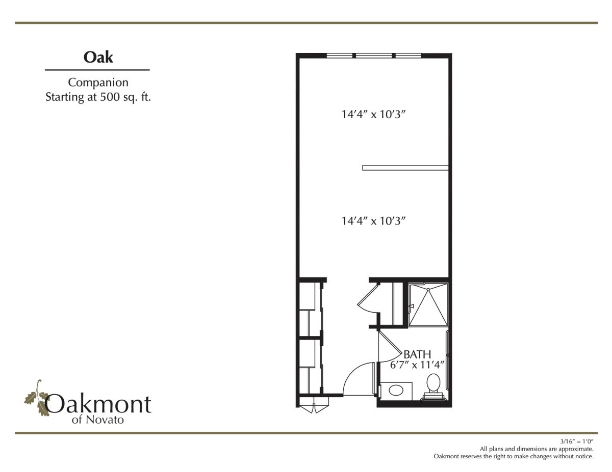 Floor plan of a studio apartment at Oakmont of Novato.
