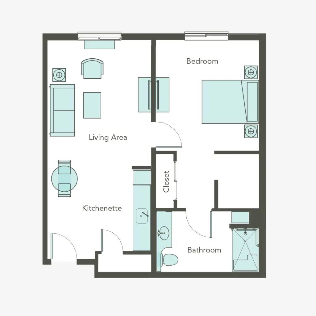A simple one-bedroom apartment floor plan featuring a living area, kitchen, and bathroom.