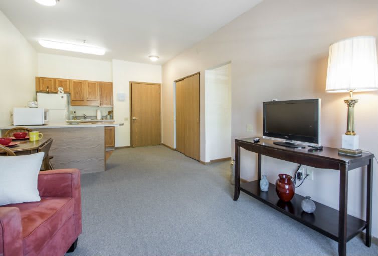 A cozy apartment living room with a view into the kitchen area, featuring a television and comfortable seating.