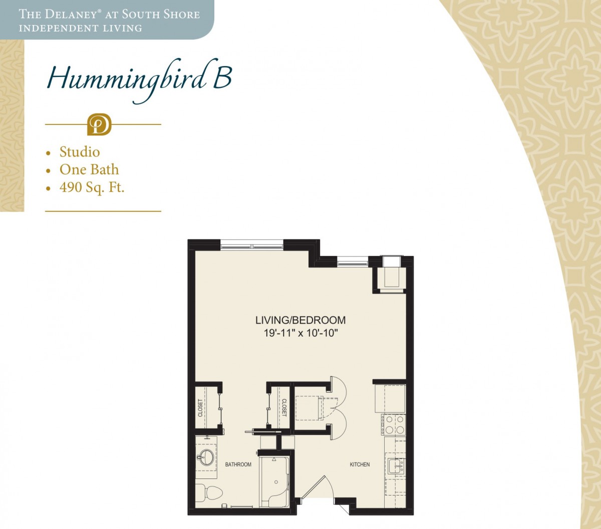Hummingbird B studio apartment layout with living area and bathroom.