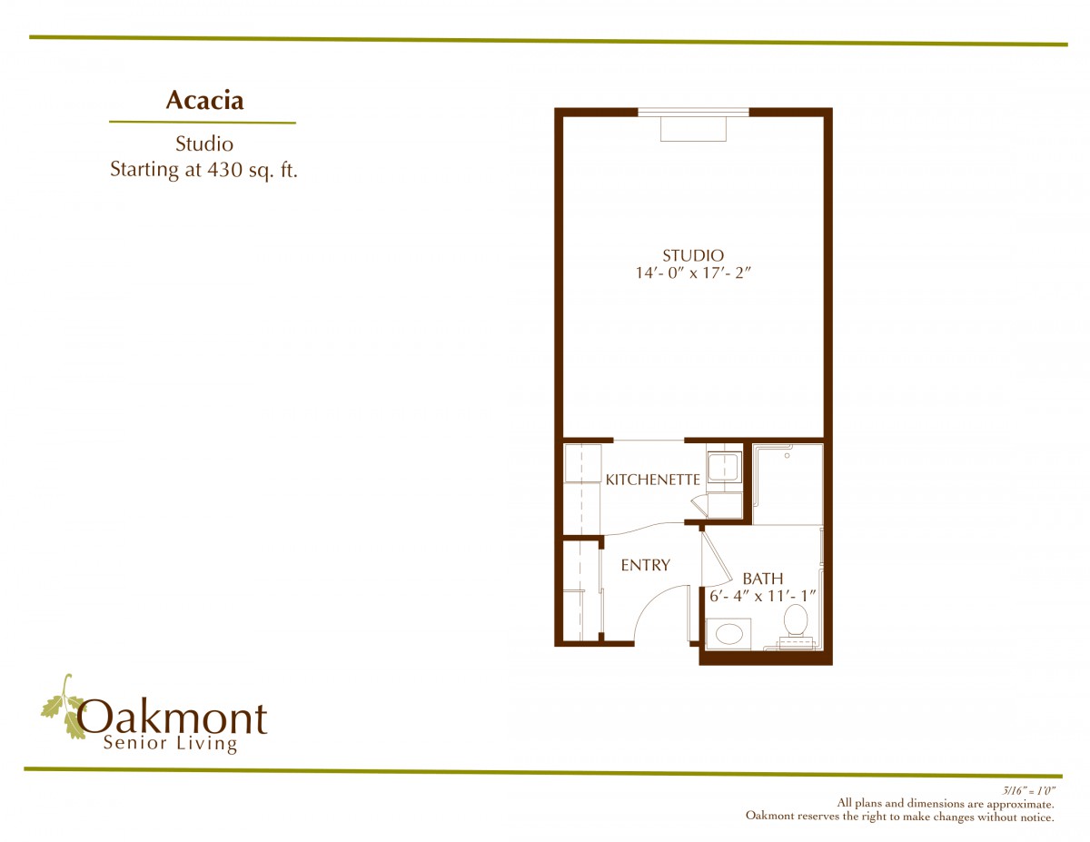 A floor plan of a studio apartment featuring living and kitchen areas.