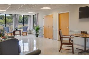 A bright and clean waiting room with chairs, a table, and a potted plant near large windows.