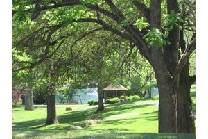 A serene park with lush greenery and shaded areas.