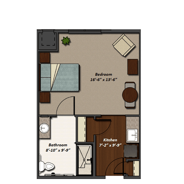 A floor plan of a compact one-bedroom apartment, featuring a bedroom, bathroom, and kitchen.