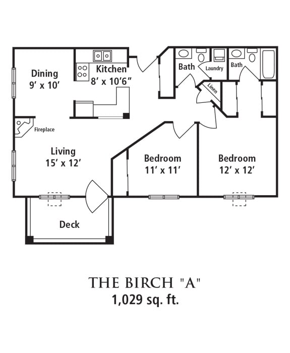 The Birch 'A' floor plan features 1,029 sq. ft. with 2 bedrooms, a kitchen, dining and living areas, a bathroom, and a deck.