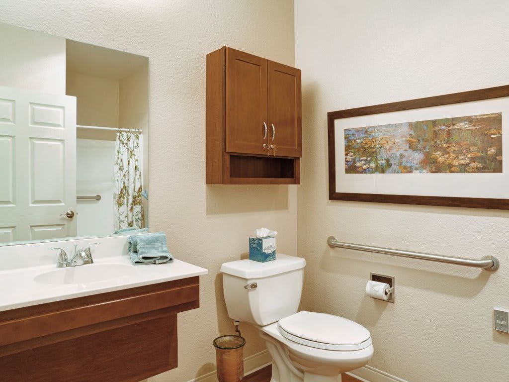 A small bathroom featuring a sink, toilet, and wall-mounted cabinet with a framed picture above the towel rack.