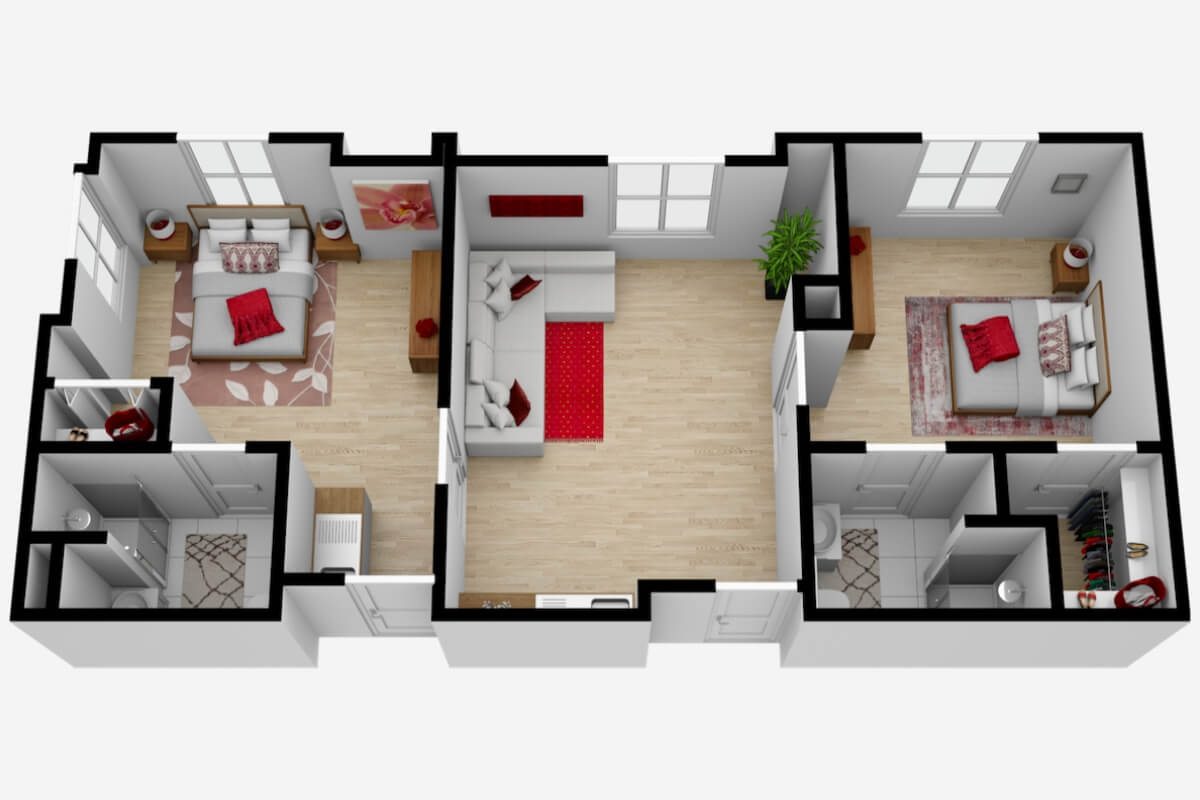 A 3D floor plan of an apartment featuring a living room and bedroom with modern furnishings.