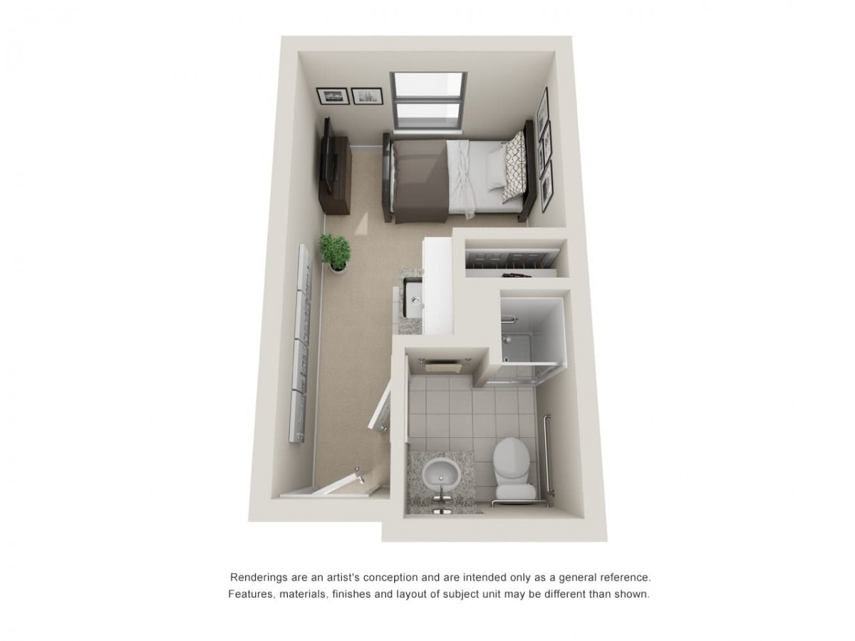 A 3D floor plan of a small apartment featuring a bedroom, bathroom, and living area.