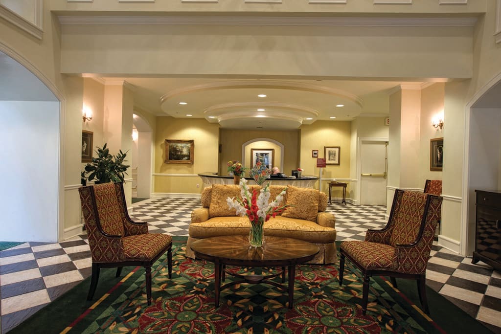 Elegant hotel lobby with comfortable seating and stylish decor.