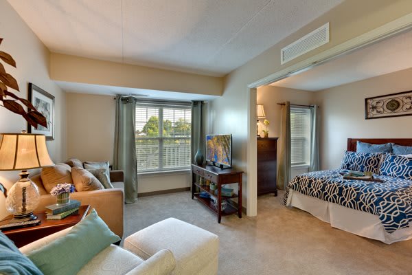 A cozy apartment interior featuring a living room with a TV and sofa, adjacent to a bedroom area.