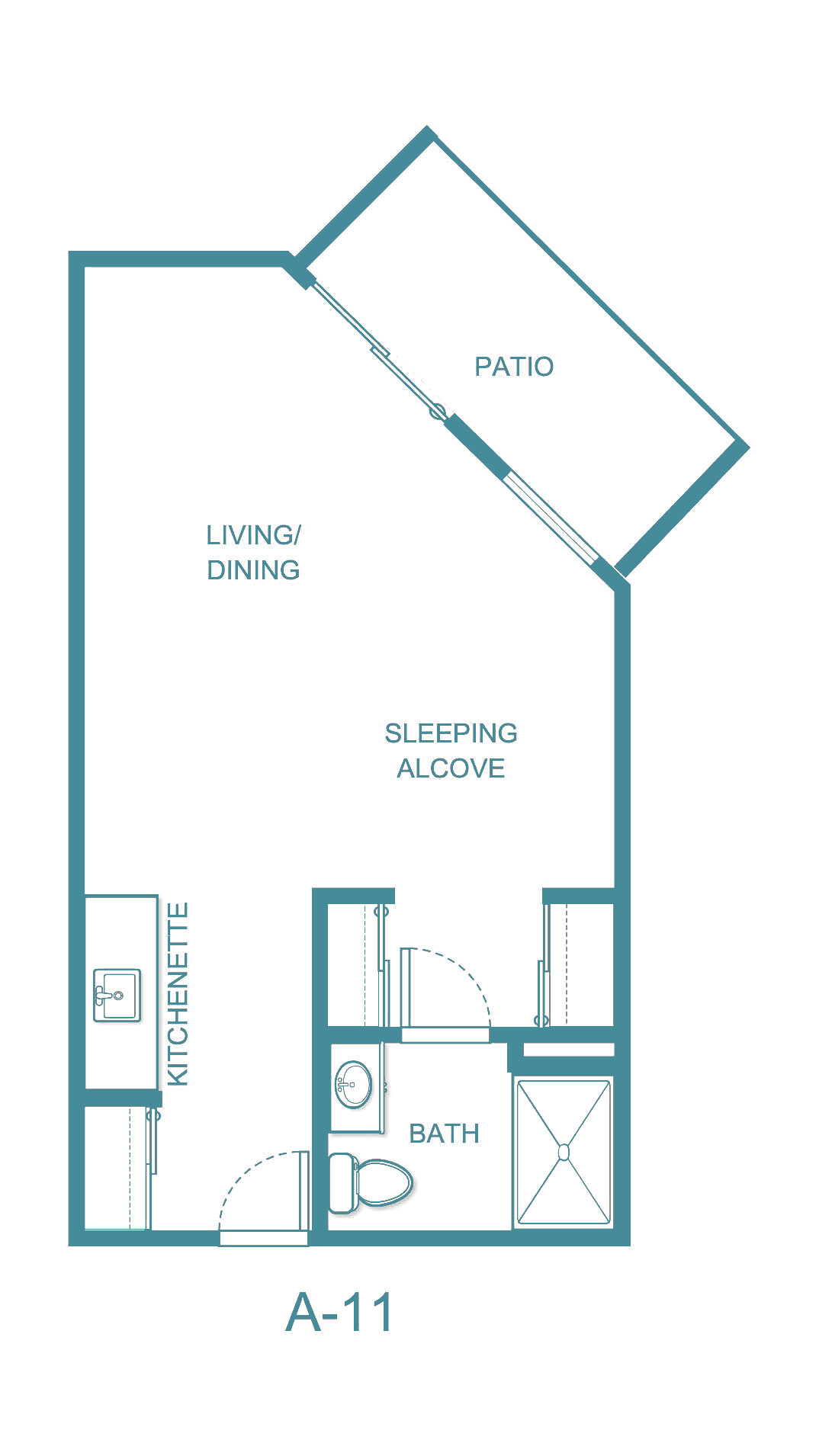 A floor plan of a studio apartment featuring a sleeping alcove, living/dining area, kitchen, bathroom, and patio.
