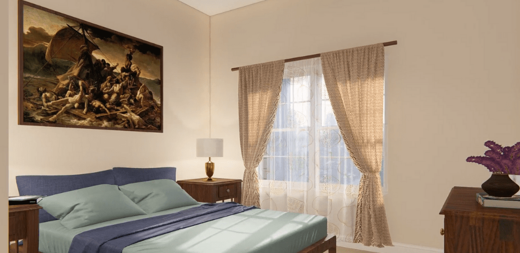 A cozy bedroom with a bed, side table, lamp, and window with curtains.