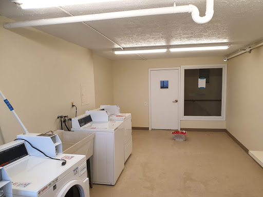 A spacious and well-lit laundry room featuring several washing machines and dryers.