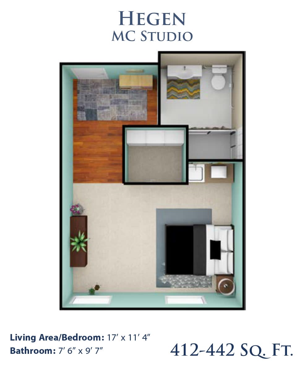 A compact studio apartment floor plan showcasing a bedroom, bathroom, and living area.