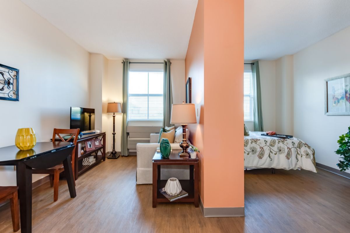 A cozy apartment interior featuring a living area with a television and sofa, separated by a partial wall from the bedroom area. Both spaces are brightened by large windows.