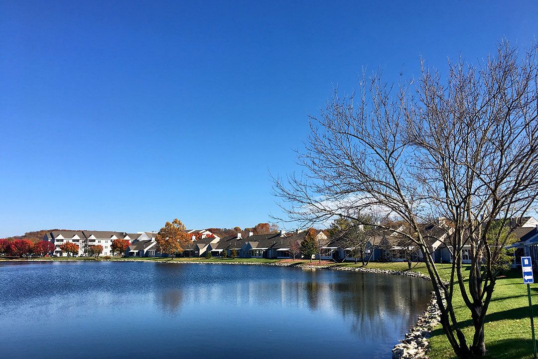 A serene view of a residential neighborhood with houses reflecting on the calm lake under a clear blue sky.