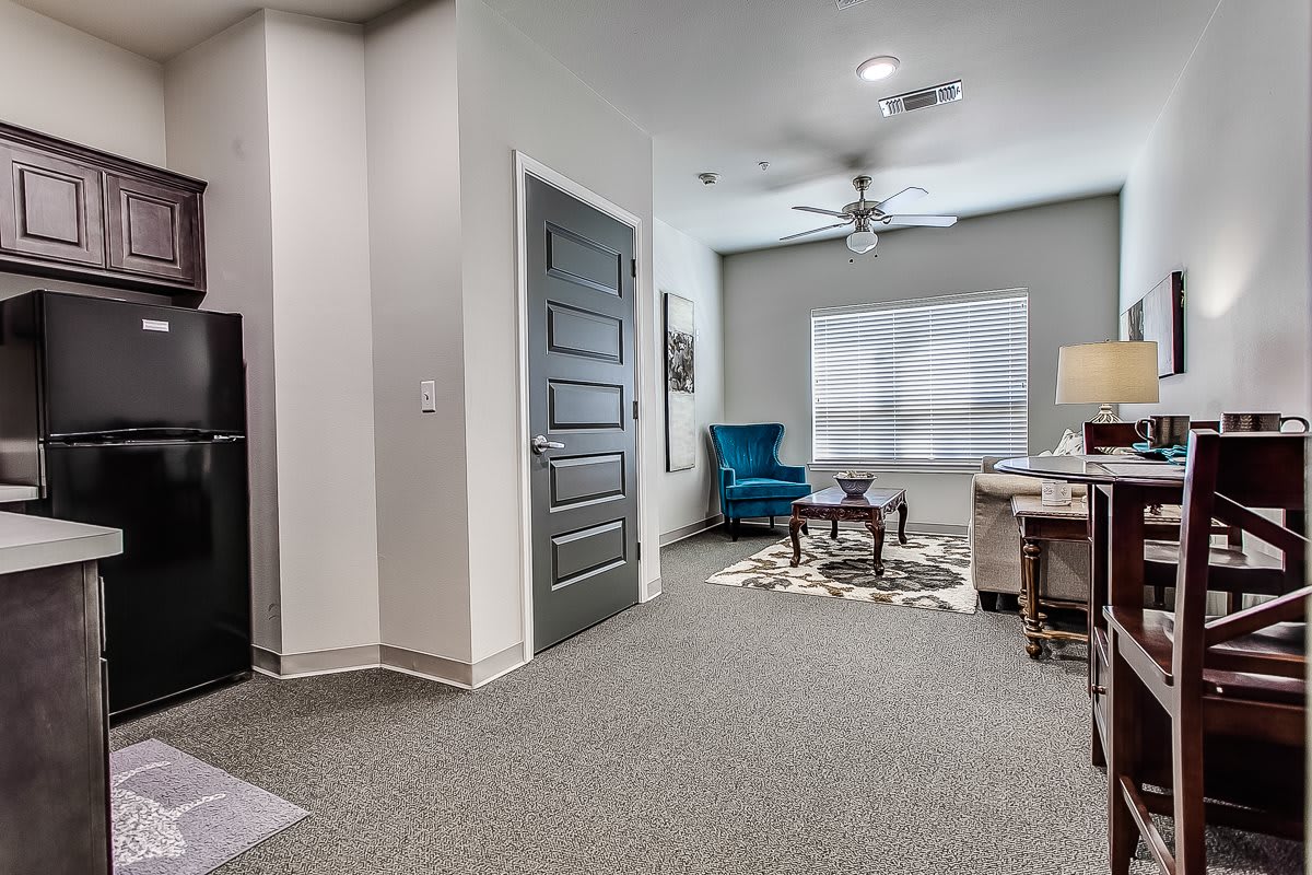 A modern office interior with comfortable seating and natural lighting.