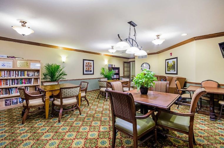 A cozy dining room with wooden furniture and decorative plants under a stylish chandelier.