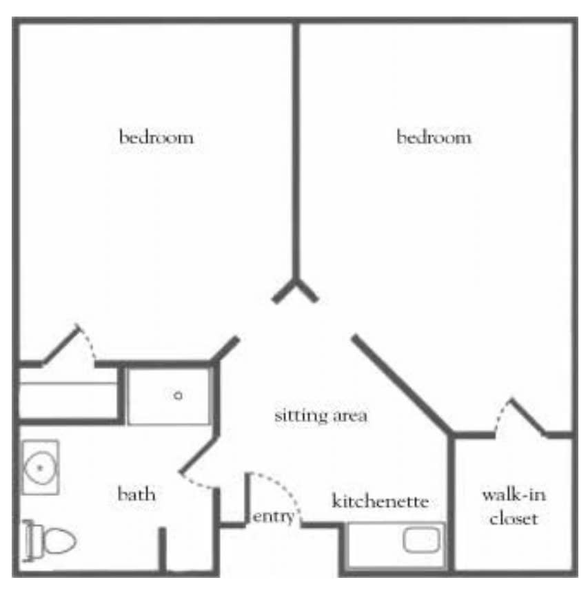 A floor plan of a two-bedroom apartment featuring a bathroom, kitchenette, living area, and walk-in closet.