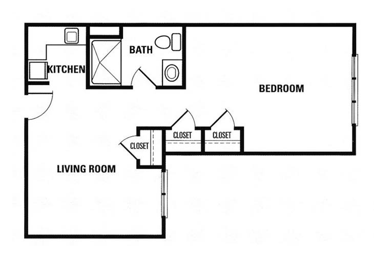A simple one-bedroom apartment floor plan featuring a living room, kitchen, bathroom, and multiple closets.