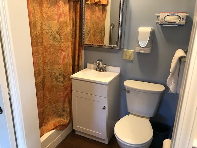 Compact bathroom with a sink, toilet, and shower.