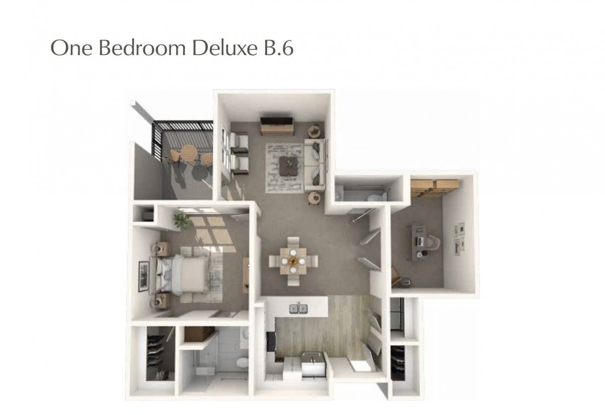3D rendering of a Bedroom Deluxe B.6 apartment floor plan.