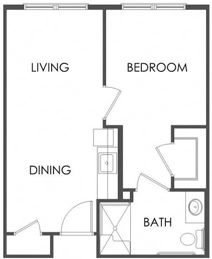 A floor plan of a one-bedroom apartment with living, dining, and bath areas.
