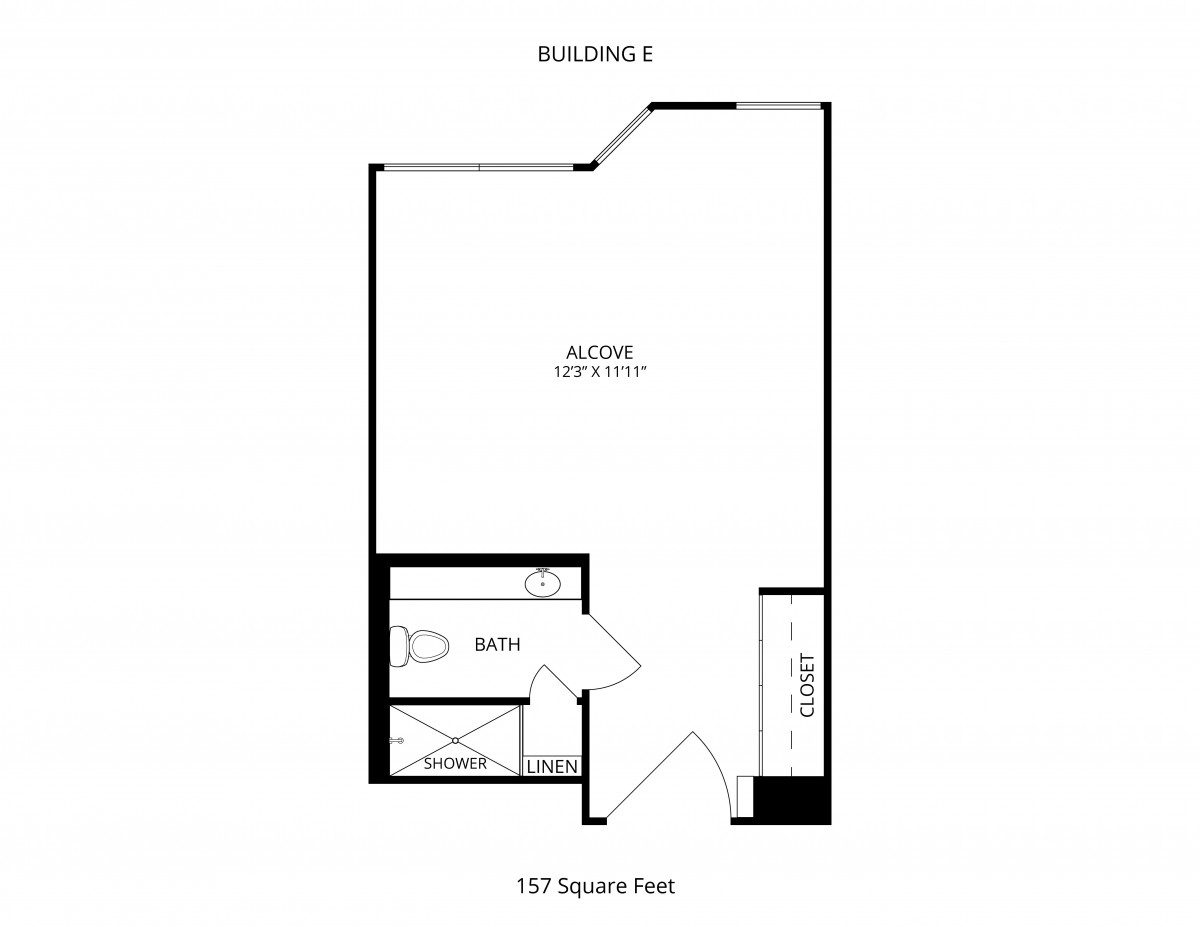 A floor plan of a studio apartment with a balcony and bathroom, measuring 570 square feet.