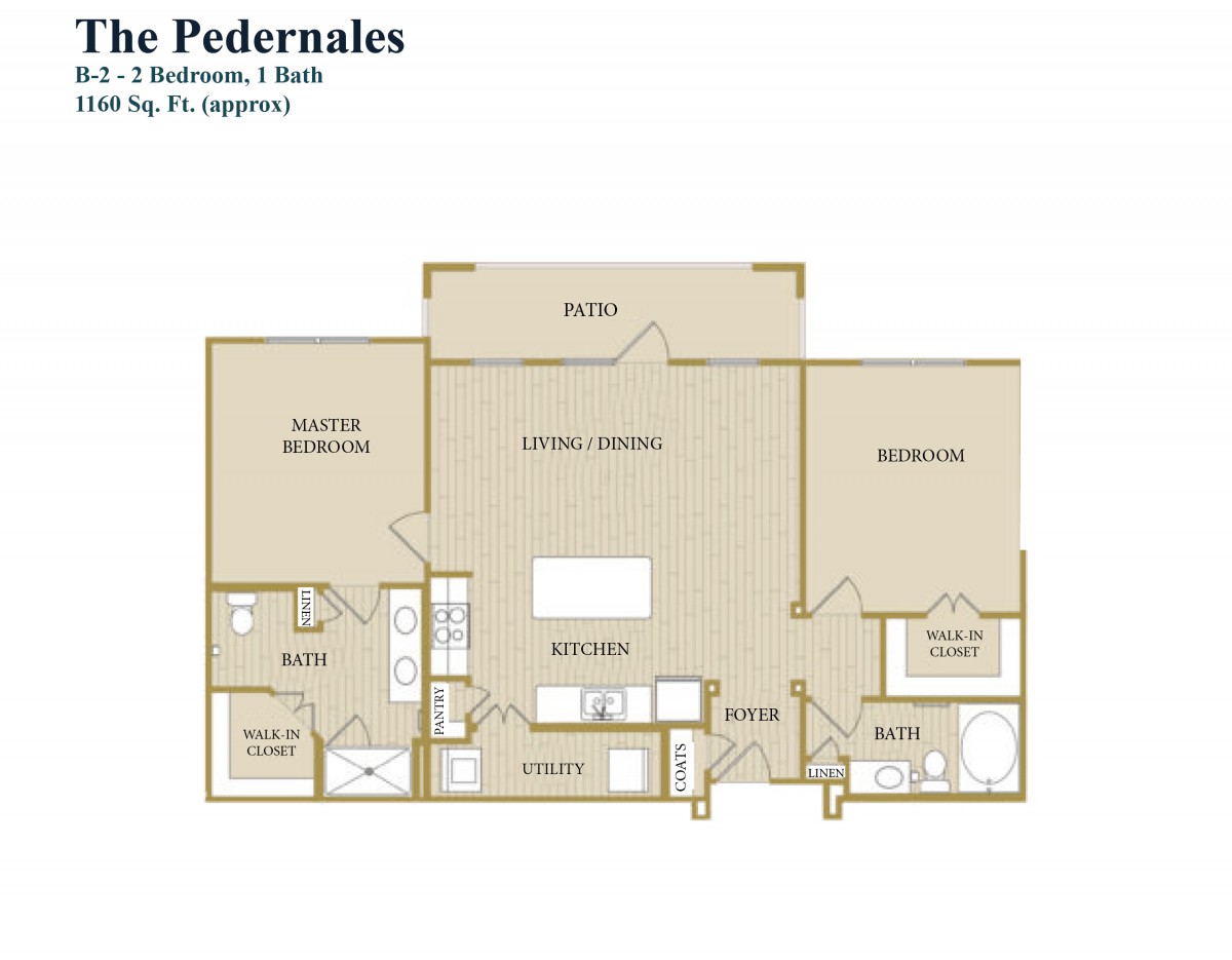 A two-bedroom, one-bathroom apartment floor plan named 'The Pedernales'.