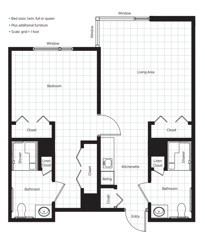 A floor plan depicting a two-bedroom apartment layout with two bathrooms, a kitchen, and a living room.