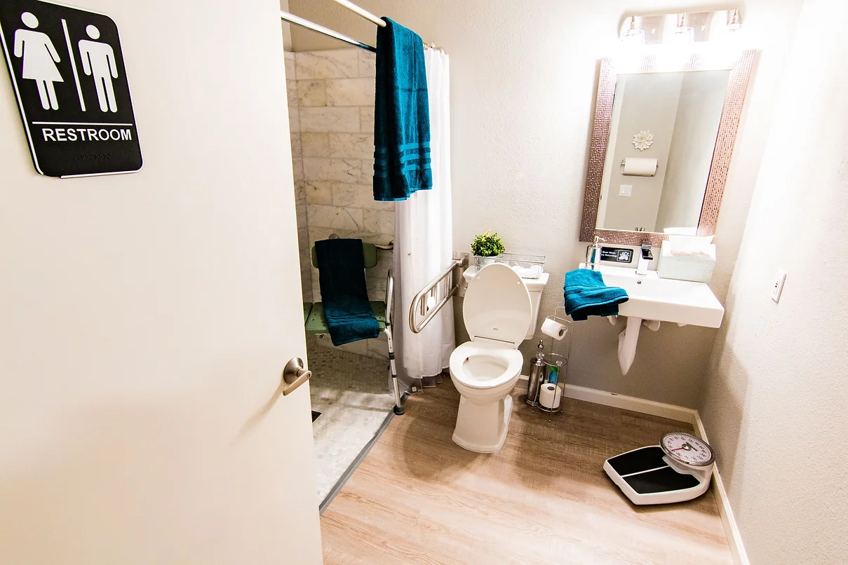 A clean and modern bathroom with a shower, toilet, vanity mirror, and towels.