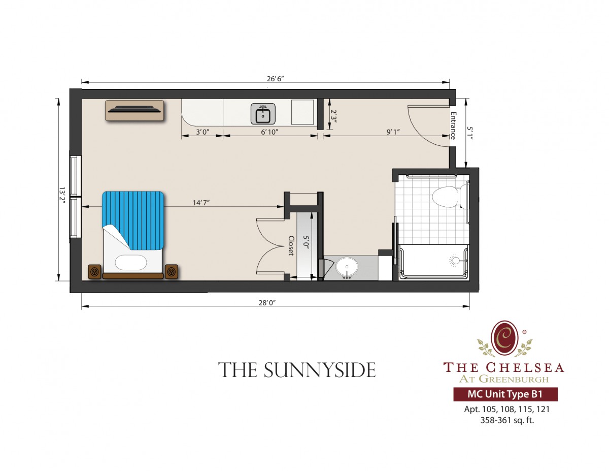 Floor plan of 'The Sunnyside' studio apartment layout.