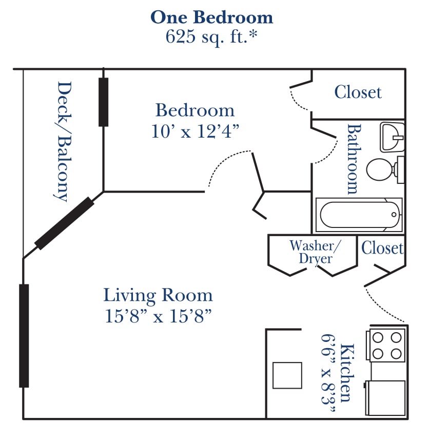 A floor plan of a one-bedroom apartment measuring 625 square feet, featuring a living room, kitchen, bathroom, bedroom, and deck.
