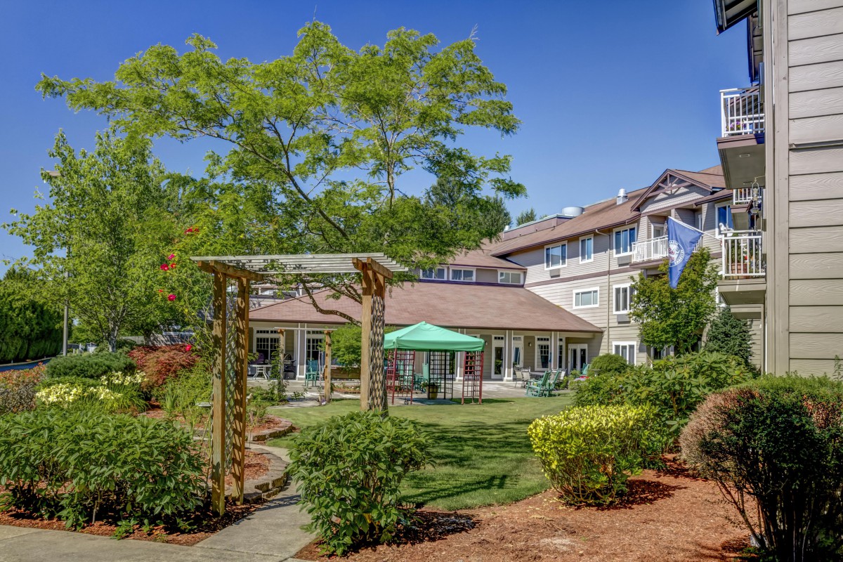 A beautifully landscaped garden with a gazebo, surrounded by trees and shrubs in front of a house.