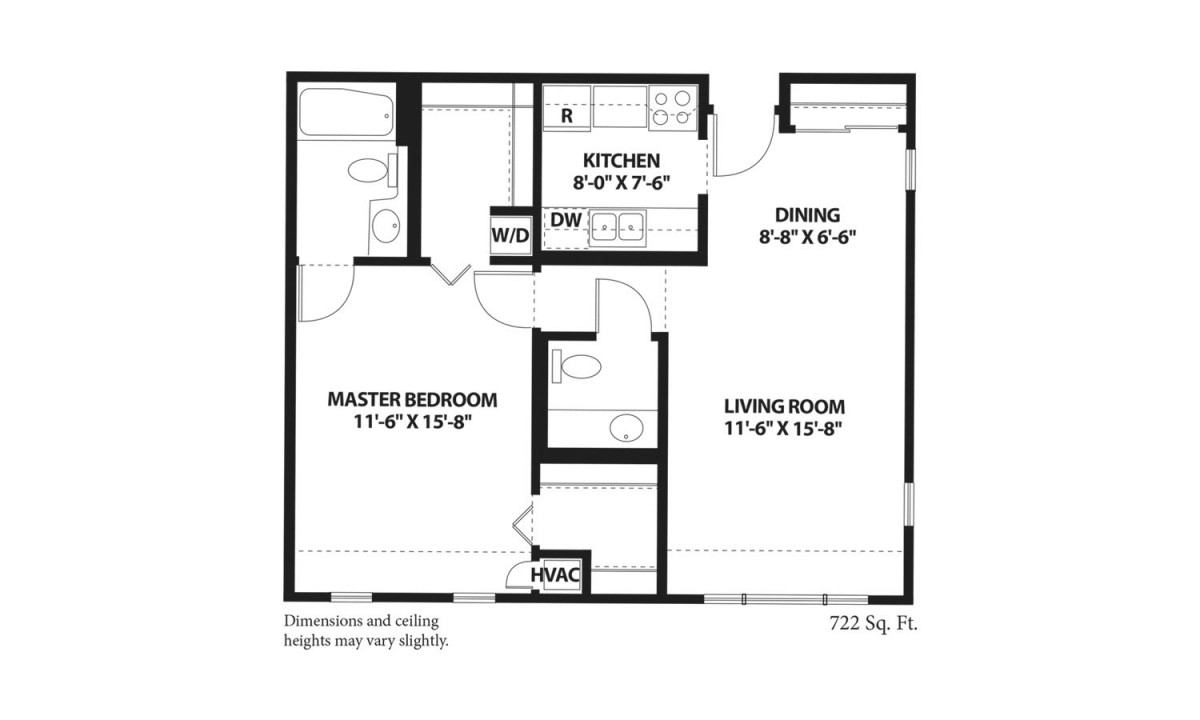 A floor plan of a one-bedroom apartment featuring a master bedroom, kitchen, dining area, living room, and bathroom.
