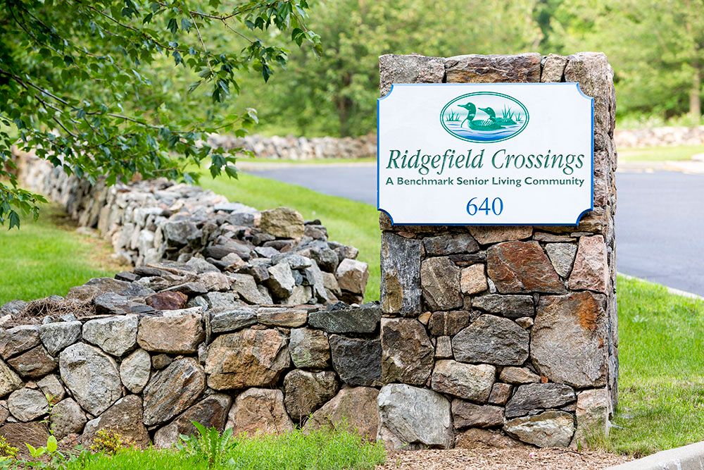 Entrance sign for Ridgefield Crossing, a retirement community.