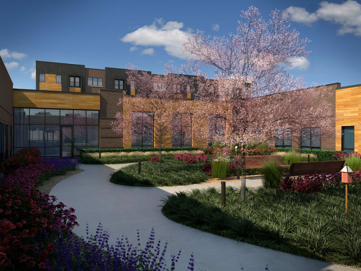 A beautifully landscaped garden with pathways and blooming trees in front of a modern building.