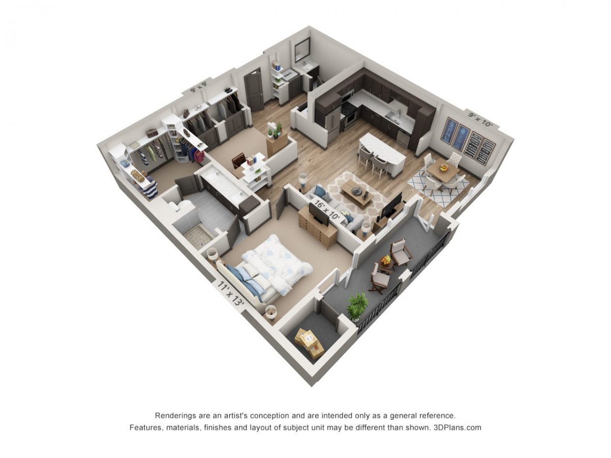 A 3D rendered floor plan of a modern apartment, showcasing the layout and furniture arrangement.