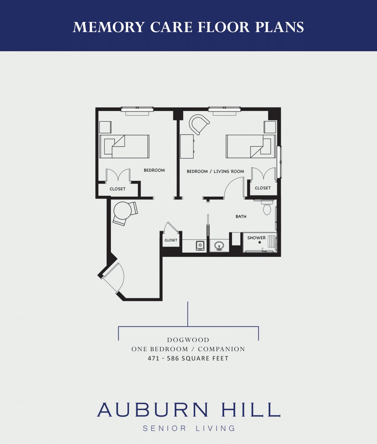 Floor plan of a two-bedroom apartment at Auburn Hill.