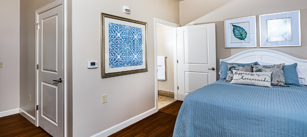A bedroom featuring a blue-themed decor, with a framed artwork on the wall and an open doorway leading to another room.