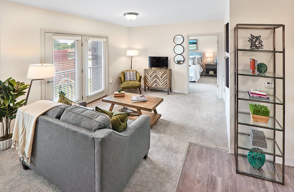 A modern living room with stylish furniture and decor.