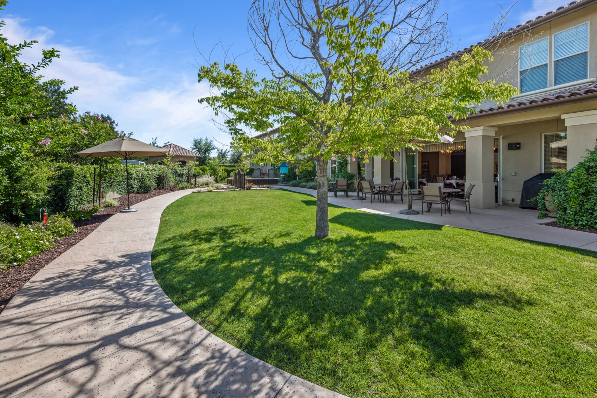 A sunny day in a landscaped garden with a winding pathway and outdoor seating area.